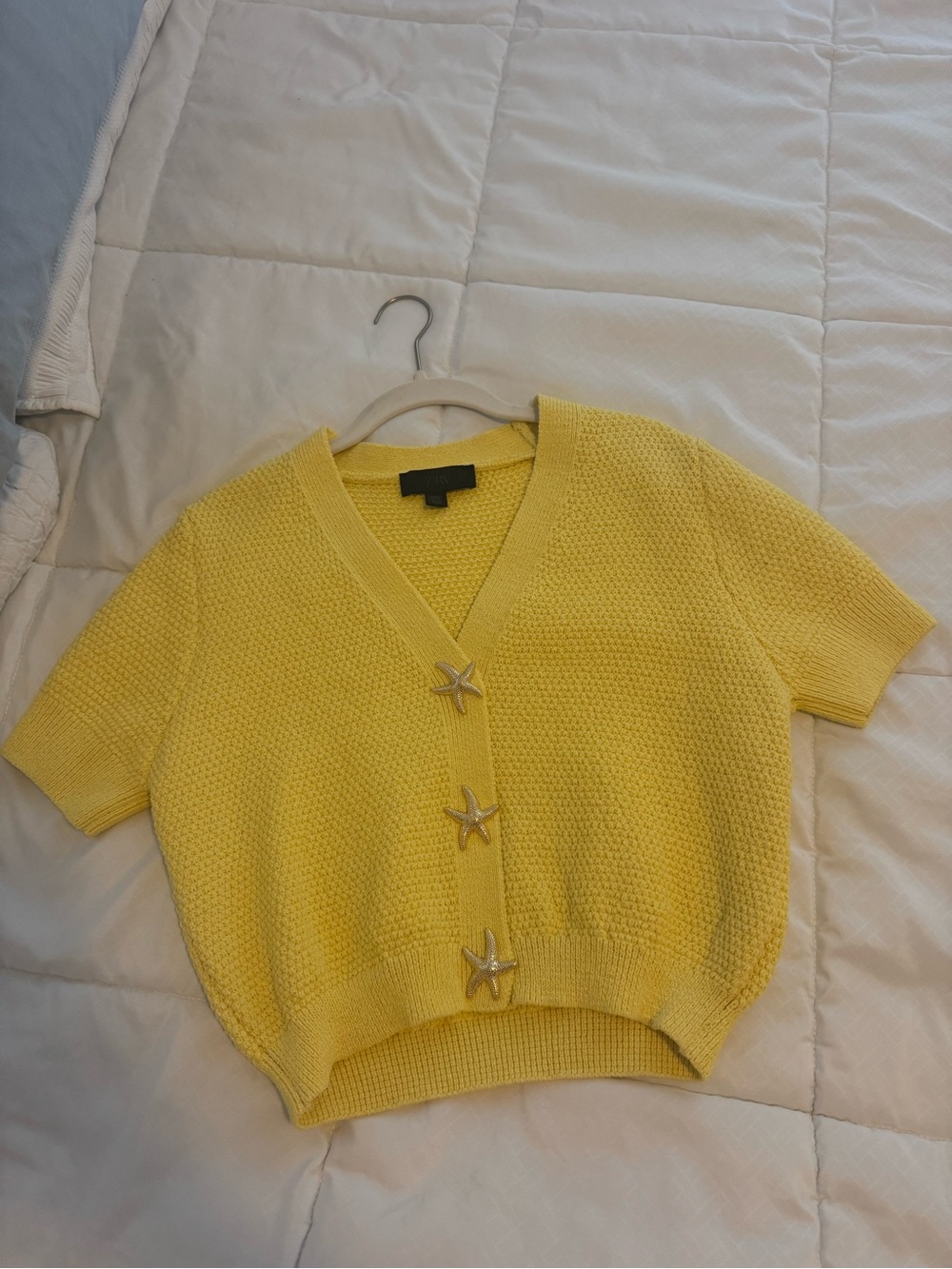 Zara Yellow Short-Sleeve Knit Cardigan with Star Buttons